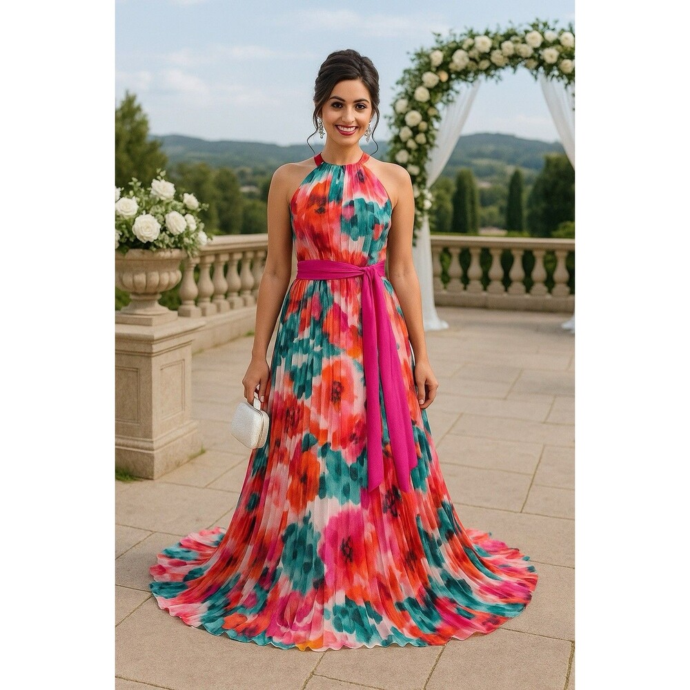 Eliza J Multi-Color Floral Halter Neck Evening Gown with Pink Sash